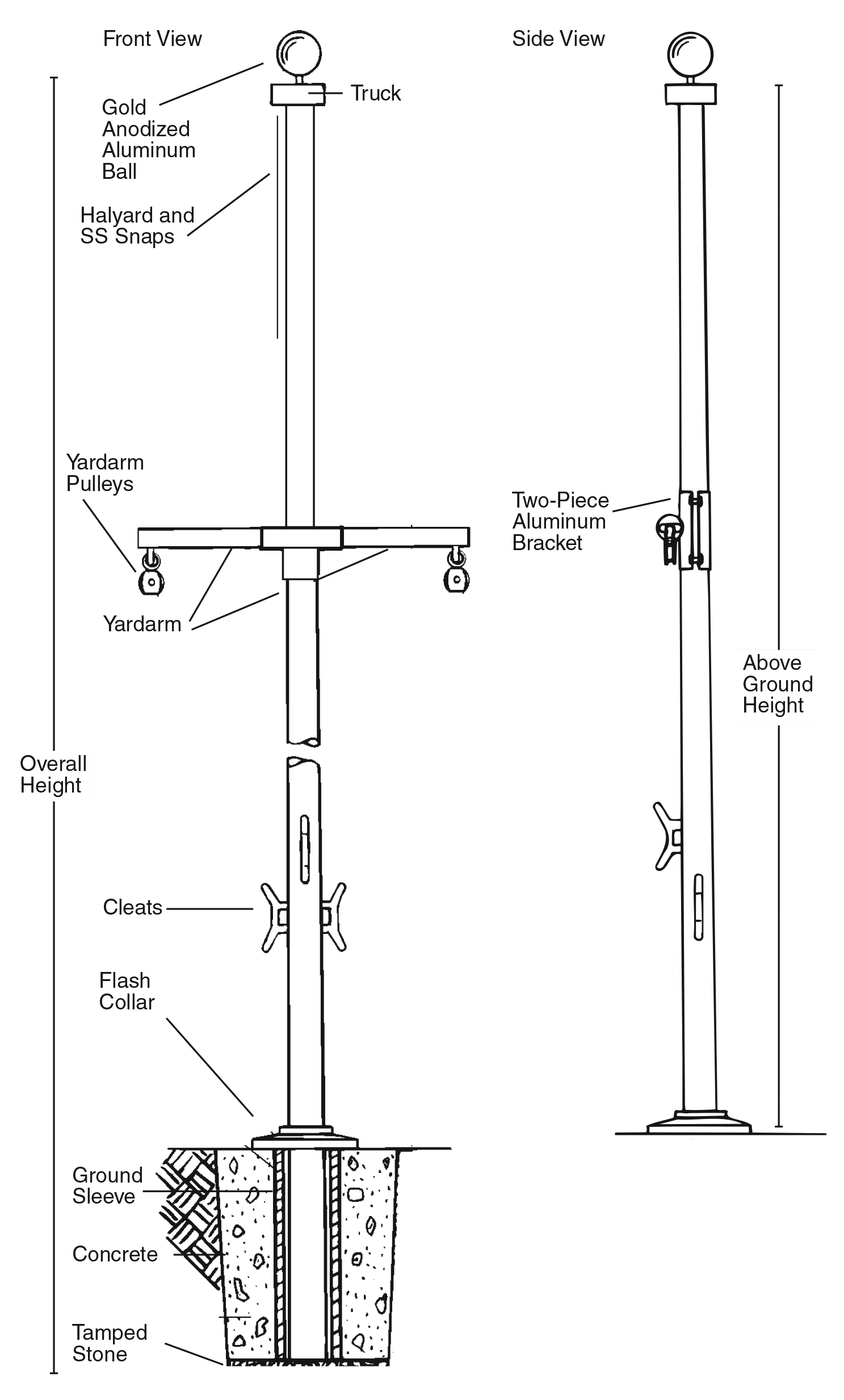 Nautical Single Masted Flagpole with Yardarm 25'40' Poseidon Series